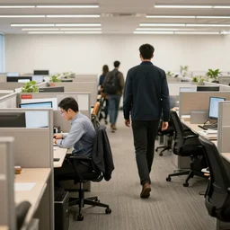 someone working in a cubicle while everyone else nearby leaves