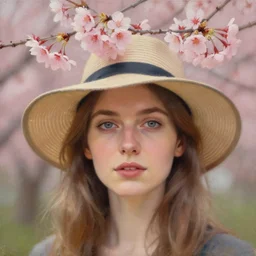 a candid portrait of a european female wearing a hat with sakura on top, naturel, hyper detailed, digital art, oil on canvas, trending in artstation