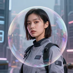 photographic portrait of a techwear woman, closeup, on a floating bubble above of a futuristic city, sigma 85mm f/1.4, 4k, depth of field, high resolution, 4k, 8k, hd, full color