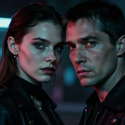 film still of closeup beautiful russian models couple in blade runner 2 0 4 9, cinematic, moody, gritty neon noir by emmanuel lubezki