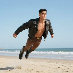 full body view of 1990's superboy flying above a beach. Fade hair, black boots, leather jacket, style digital painting, inked, comicbook art, smooth, sharp focus, illustration, from Metal Gear, by Alex Ross