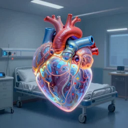 abstract glowing cybernetic hearts in the hospital room painted by greg rutkowski thomas kincade