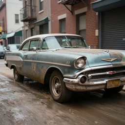 street photography by saul leiter, in a narrow new york alley, award winning photo of an ultra detailed intricate dirty vintage chevy car speeding very fast on mud, fast shutter speed, motion blur, tiny gaussian blur, highly detailed, highly intricate, depth of field, trending on top gear