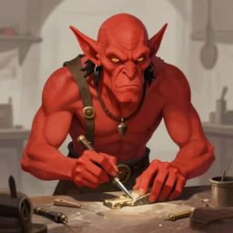 portrait of red - skinned goblin goldsmith working in his fantasy medieval workshop, illustration concept trending pixiv fanbox by wlop and greg rutkowski and caravaggio and rosa bonheur, and william harnett, hyperrealism art