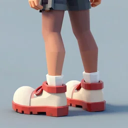 low poly lara croft, large clown shoes, front side back