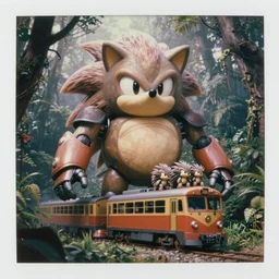 epic pose!!! giant oversized battle hedgehog figure cyborg robot chubby mech train! double decker with giant oversized ears and hedgehog babies, in deep forest jungle, portrait, cinematic focus, polaroid photo, vintage, neutral dull colors, soft lights, foggy mist, by oleg oprisco, by thomas peschak, by victor enrich, by gregory crewdson
