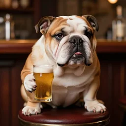 a closeup, 4 5 mm, detailed photograph of a english bulldog holding a beer on a bar - stool, sitting at a bar on a bar - stool, beautiful low light, 4 5 mm, by franz lanting