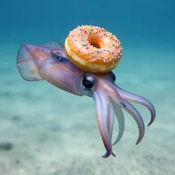 underwater photo still of a squid with a glazed donut with rainbow sprinkles on its head, 4 k, 8 5 mm, f 1 6