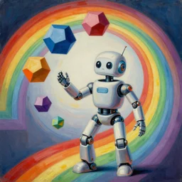 a detailed rainbow colored surrealist painting by syd mead of a robot juggling icosahedrons, trending on artstation, masterpiece, incredible details