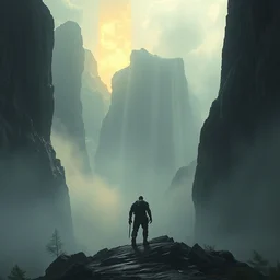 a giant walking amongst mountains, fog, rim light, fearsome, gigantic, digital painting, in the style of greg rutkowski