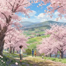 cherry blossoms in the hills, Low level, rendered by Beeple, Makoto Shinkai, syd meade, simon stålenhag, synthwave style, digital art, unreal engine, WLOP, trending on artstation, 4K UHD image, octane render,