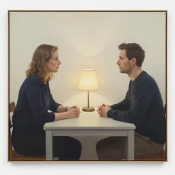 the installation art depicts two people, a man and a woman, sitting at a table. the man is looking at the woman with a facial expression that indicates he is interested in her. the woman is looking at the man with a facial expression that indicates she is not interested in him. there is a lamp on the table between them. by andrew robinson mild