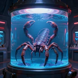slimy wet cthulhu scorpion lovecraft alien tarantula blob monster trapped inside a large transparent science fiction mass effect glass containment chamber filled with blue liquid in a furnished science fiction spaceship laboratory, dramatic lighting, octane, red led lights, lens flare, trending on artstation, volumetric lighting — w 6 4 0