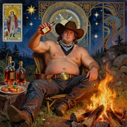 a dramatic, epic, ethereal painting of a handsome thicc mischievous shirtless cowboy with a beer belly wearing a large belt and bandana offering a whiskey bottle | he is relaxing by a campfire | background is a late night with food and jugs of whisky | homoerotic | stars, tarot card, art deco, art nouveau, (mosaic), intricate | by Mark Maggiori | trending on artstation