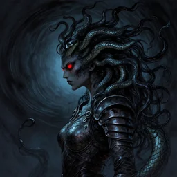 side profile, medusa, evil naga, red eyes, snake hair, armor, shadowy swirly ripples, inky nightmare colors, by greg manchess, huang guangjian, gil elvgren, sachin teng, greg rutkowski, jesper ejsing, ilya kuvshinov