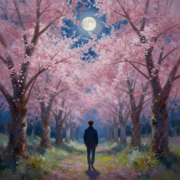a beautiful painting of frankel in a cherry blossom forest, volumetric lighting, moonlit by greg rutkowski and kalin popov, trending on artstation, masterpiece,