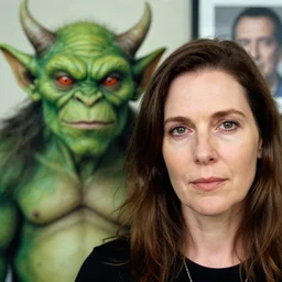 closeup portrait of a woman standing next to a green-horned goblin monster, by Annie Leibovitz and Steve McCurry, natural light, detailed face, CANON Eos C300, ƒ1.8, 35mm, 8K, medium-format print