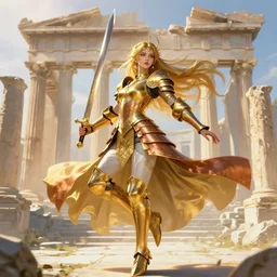 knights of zodiac girl, golden and copper armor, sword and katana dancing, in ruined agora of athens sunrise, ssci - fi and fantasy, intricate and very very beautiful and elegant, highly detailed, digital painting, artstation, concept art, smooth and sharp focus, illustration, art by tian zi and wlop and alphonse mucha