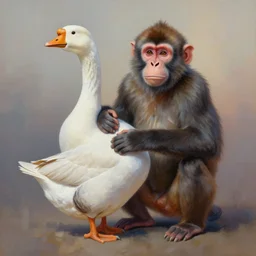 painting of an animal with the body of a goose and the head of a monkey, intercrossed animal, by corine perier, anatomy by ellen jewett, anatomy by ronald ong, anatomy by arne olav gurvin fredriksen, cold hue's, warm tone gradient background, beautiful composition, digital painting