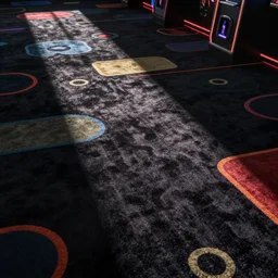 Albedo texture of dark blacklight arcade carpet with colored shapes and outlines on it