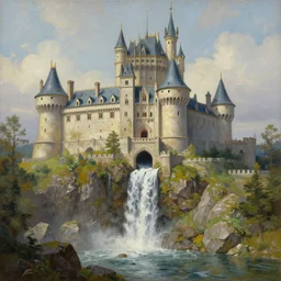 a painting of a castle with a waterfall in front of it, a detailed matte painting by tyler edlin, featured on cgsociety, arts and crafts movement, artstation hq, unreal engine 5