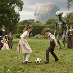 sharp, highly detailed, 435456k film, 1612800mm film still from a sci fi blockbuster color movie made in 2019, set in 1860, of a girl and a boy playing soccer with an humanoid alien creature, in a park on an alien planet, the family are all wearing 1860s era clothes, good lighting, good photography, ultra high definition, in focus
