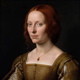 portrait of a 40 years old women, dark red hair, green eyes, in medieval clothing, renaissance painting