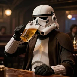 Jawa from Star Wars (1977) drinking a beer in a pub,ultra high resolution, hyper realistic,4k