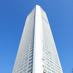 bright white photorealistic futuristic post - modern luxury skyscraper hotel in seoul with bright blue sky