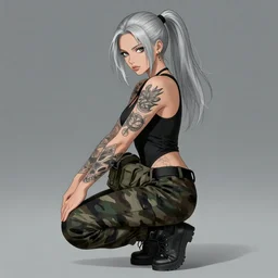 girl, silver hair (ponytail), multicam (camo), inked arm, (trending on artstation), beautiful face, cinematic full body shot, ilustration by Takehiko Inoue (((and Yoann Lossel)))