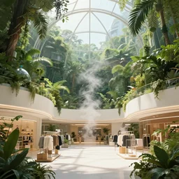 movie still frame, a minimalist shopping mall strip inside a luxurious futuristic city dome in a lush jungle, beautiful composition, sunny, steam, 8 k, cgi, by ridley scott, james cameron, zack snyder and michael bay
