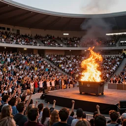 Crowd  cheering in packed amphitheater, on the stage is a large burning dumpster fire. Amphitheater represents humanity on earth