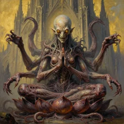 monstrous and twisted cathedral with a statue to a many eyed, veiny and four armed cthulhu, slimy tentacles twisting in lotus position. in the style of hr giger and zdzisław beksinski and frank frazetta. golden hour, gloomy. biomechanical oil painting horror gothic hyperrealistic detail