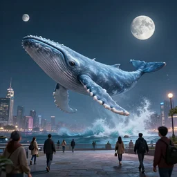 floating giant alien whale over a big city, waves, people walking, lots of moons, darek zabrocki, karlkka, jayison devadas, phuoc quan, trending on artstation, 8 k, ultra wide angle, pincushion lens effect.