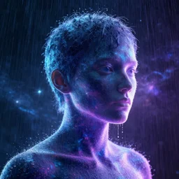 human portrait formed out of rain, beautiful, neon, epic detail, galactic background, unreal engine