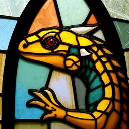 side - view of only the head of a yellow dragon lizard, tenth century stained glass window