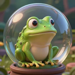 eye - level shot of a cute frog sitting inside a giant glass sphere, concept art, by esao andrews, by m. w. kaluta, by pixar, volumetric light, rich colors, very humorous!!!, realistic reflections, smooth, depth perception, tilt shift, 4 k, unreal engine 5, artstation