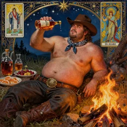 a dramatic, epic, ethereal painting of a !!!handsome!!! thicc chunky beefy mischievous shirtless with a big beer belly and stubble wearing a large belt and bandana offering a whiskey bottle | he is a cowboy relaxing by a campfire | background is a late night with food and jugs of whisky | homoerotic, rugged | stars, tarot card, art deco, art nouveau, mosaic, intricate | by Mark Maggiori (((and Alphonse Mucha))) | trending on artstation