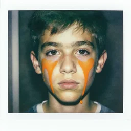watercolor, a liquid dark green portrait of a teenager face skin melt down flow go runny, eyes are blurred, face painted with orange thick fluid by marlene dumas, realistic detailed watercolor polaroid, grainy image, contrast, realistic detailed, close up view