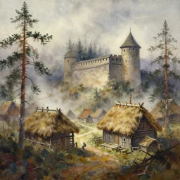 paint brush strokes, abstract watercolor painting of rustic village fortress, pine trees, mysterious mythology, medieval straw roof, scandinavian viking age, fog, ambient lighting, art by hans dahl, by jesper ejsing, art by anders zorn, very detailed, wonderful masterpiece by greg rutkowski, cinematic light, american romanticism by greg manchess, creation by tyler edlin