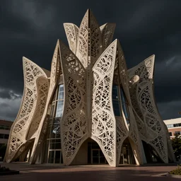 brutalist architecture, made of intricate decorative lace leaf skeleton, in the style of the dutch masters and gregory crewdson, dark and moody