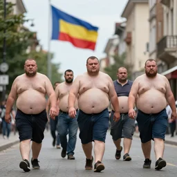 a group of obese men walking through a street, the romanian flag is in the background in the sky, hyper realistic, very detailed.