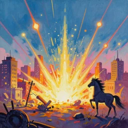 Fallout Equestria | City Scape Post Nuclear Canterlot | Megaspells streaking through the sky to impact the ground, vibrant painting