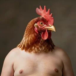 photo, fat man with chicken head instead of his head