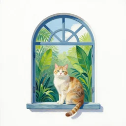 gouache painting of a cat and tropical plants sitting in an arched window, white background
