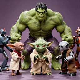 a mix between Hulk and Yoda and Dobby and Gollum fighting robots, center frame medium shot, shot on technicolor cinemascope 35mm anamorphic lense, flare