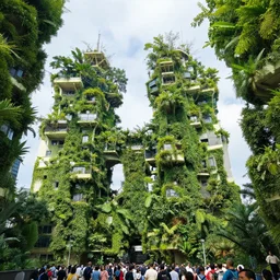 high towers sustainable full of trees and crowd of people