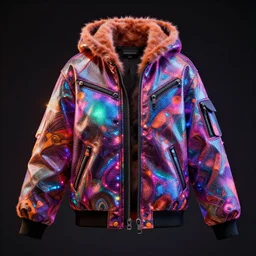 generative design autumn season rave jacket with led screen skin and fluffy lining in the style of cyberdog, futuristic psychedelic hippy, product shot, dark background