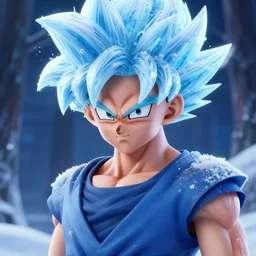 portrait focus of Super Saiyan beautiful 3D anime gir!! frozen ice !! blizzard! dark forest background, snowing, bokeh, inspired by Masami Kurumada, digital painting, high contrast, unreal engine render, volumetric lighting, high détail