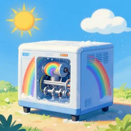 Mechanical ice machine of sun and rainbows, in style of steve argyle, cgsociety, vibrant colors, peacefull